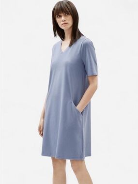 Eileen Fisher Chambray V-neck Basic Tee Dress Stretch Organic Cotton Size XS